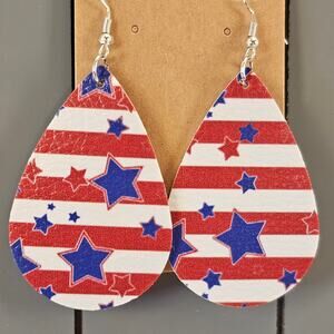 Patriotic Teardrop Earrings Red White Blue Stars Stripes Faux Leather July 4th